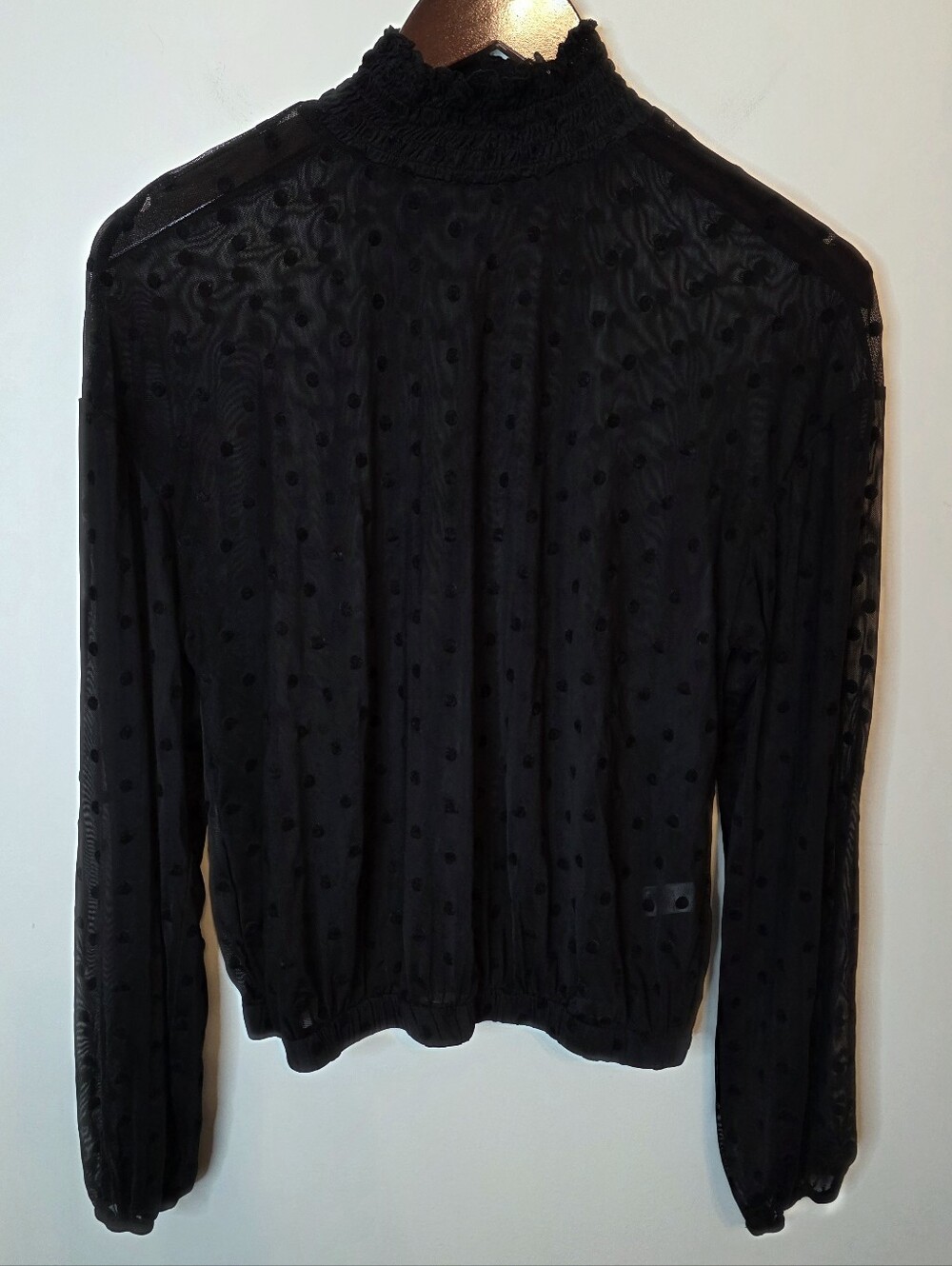 Versona Black Sheer Mock Neck Swiss Dot Long Sleeve Top Size Small Witchy